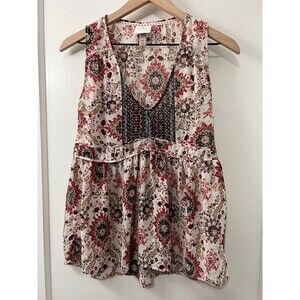 Knox Rose Sleeveless Floral Top Boho Red Blue Black V Neck Sheer Women's XS